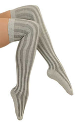 Vertical Stripe Long Socks - Gray Cotton