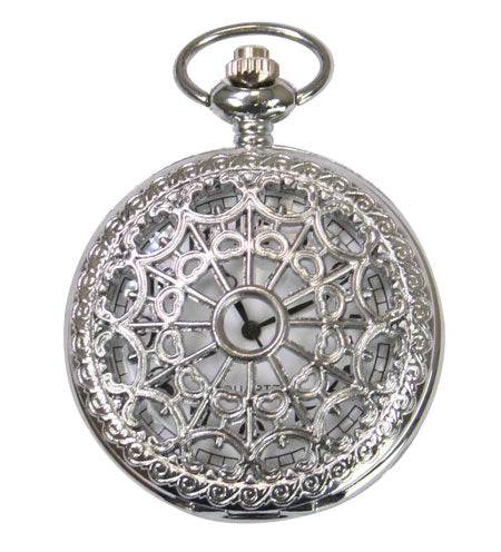 Silver Plated Lacy Design Quartz Pocket Watch with Chain