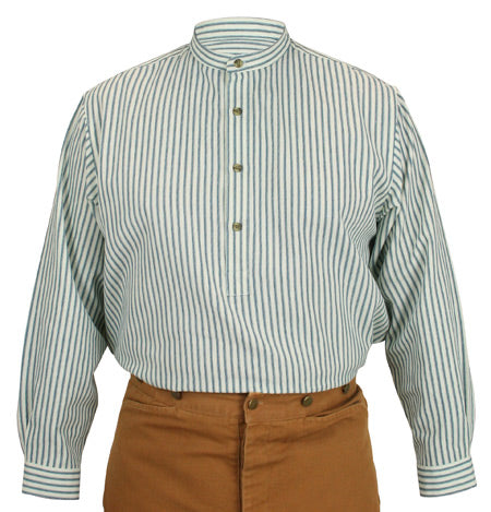 1800s Mens Blue Cotton Stripe Band Collar Work Shirt (Size M) | 19th Century | Historical | Vintage | Antique