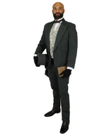 A full-body male model wearing a dark charcoal gray tuxedo with a patterned white vest, black bow tie, black gloves, black shoes, and holding a black top hat, isolated on a white background.
