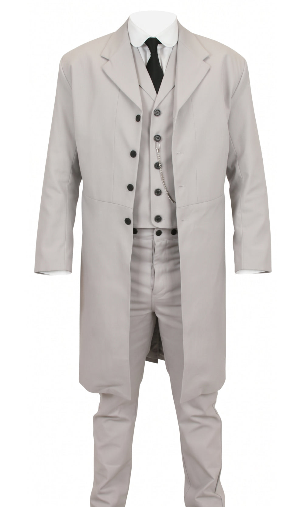 A light gray three-piece formal suit with a long double-breasted coat, matching vest and trousers, styled with a white shirt and black tie on a white background.