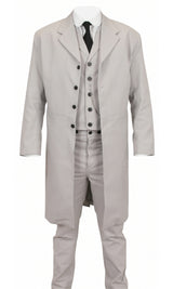 A light gray three-piece formal suit with a long double-breasted coat, matching vest and trousers, styled with a white shirt and black tie on a white background.
