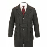 A dark gray textured wool suit jacket with a matching waist belt and trousers, styled with a white dress shirt and a red striped tie on a white background.