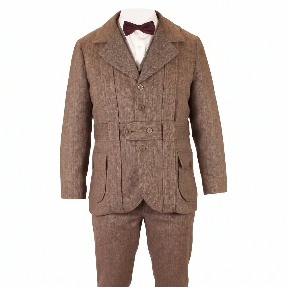 A men's brown tweed three-piece suit with a matching vest, trousers, and a white dress shirt, styled with a dark burgundy bow tie and black dress shoes against a plain white background.