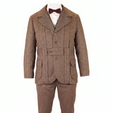A men's brown tweed three-piece suit with a matching vest, trousers, and a white dress shirt, styled with a dark burgundy bow tie and black dress shoes against a plain white background.