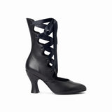 A black leather mid-calf boot with a high kitten heel and decorative criss-cross ribbon laces, shown from a side profile on a white background.