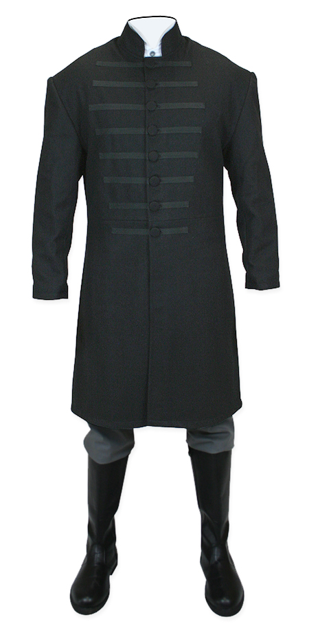  Victorian Steampunk Mens Coats Black Wool Solid Frock |Antique Vintage Old Fashioned Wedding Theatrical Reenacting Costume |