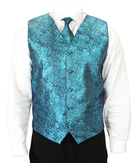  Victorian Old West Mens Vests Blue Satin Microfiber Synthetic Paisley Dress Tie Included |Antique Vintage Fashioned Wedding Theatrical Reenacting Costume |