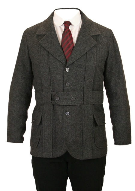  Victorian Edwardian Steampunk Mens Coats Gray Tweed Wool Blend Synthetic Herringbone Norfolk Jackets Matched Separates |Antique Vintage Old Fashioned Wedding Theatrical Reenacting Costume | Motorist Golf Aviator