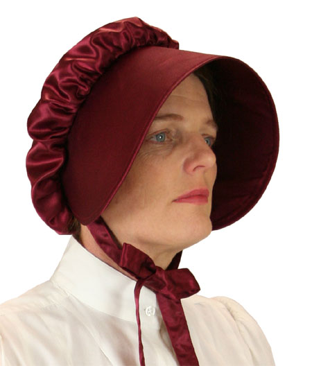  Victorian Old West Edwardian Ladies Hats Burgundy Red Satin Synthetic Solid Bonnets |Antique Vintage Fashioned Wedding Theatrical Reenacting Costume | Dickens