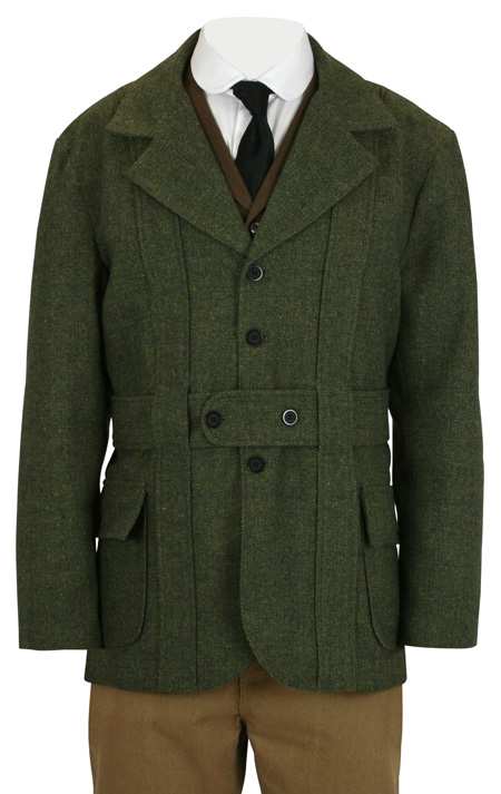  Victorian Edwardian Steampunk Mens Coats Green Tweed Wool Blend Synthetic Herringbone Norfolk Jackets Matched Separates |Antique Vintage Old Fashioned Wedding Theatrical Reenacting Costume | Golf Motorists Aviator