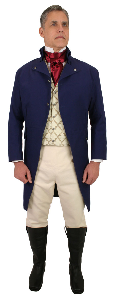  Regency Mens Coats Blue Cotton Canvas Solid Cutaway Newmarket Tail |Antique Vintage Old Fashioned Wedding Theatrical Reenacting Costume |